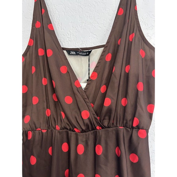 Zara Women’s Brown Red Polka Dot Satin Feel Spaghetti Strap MIDI Dress NWT M - Picture 14 of 16